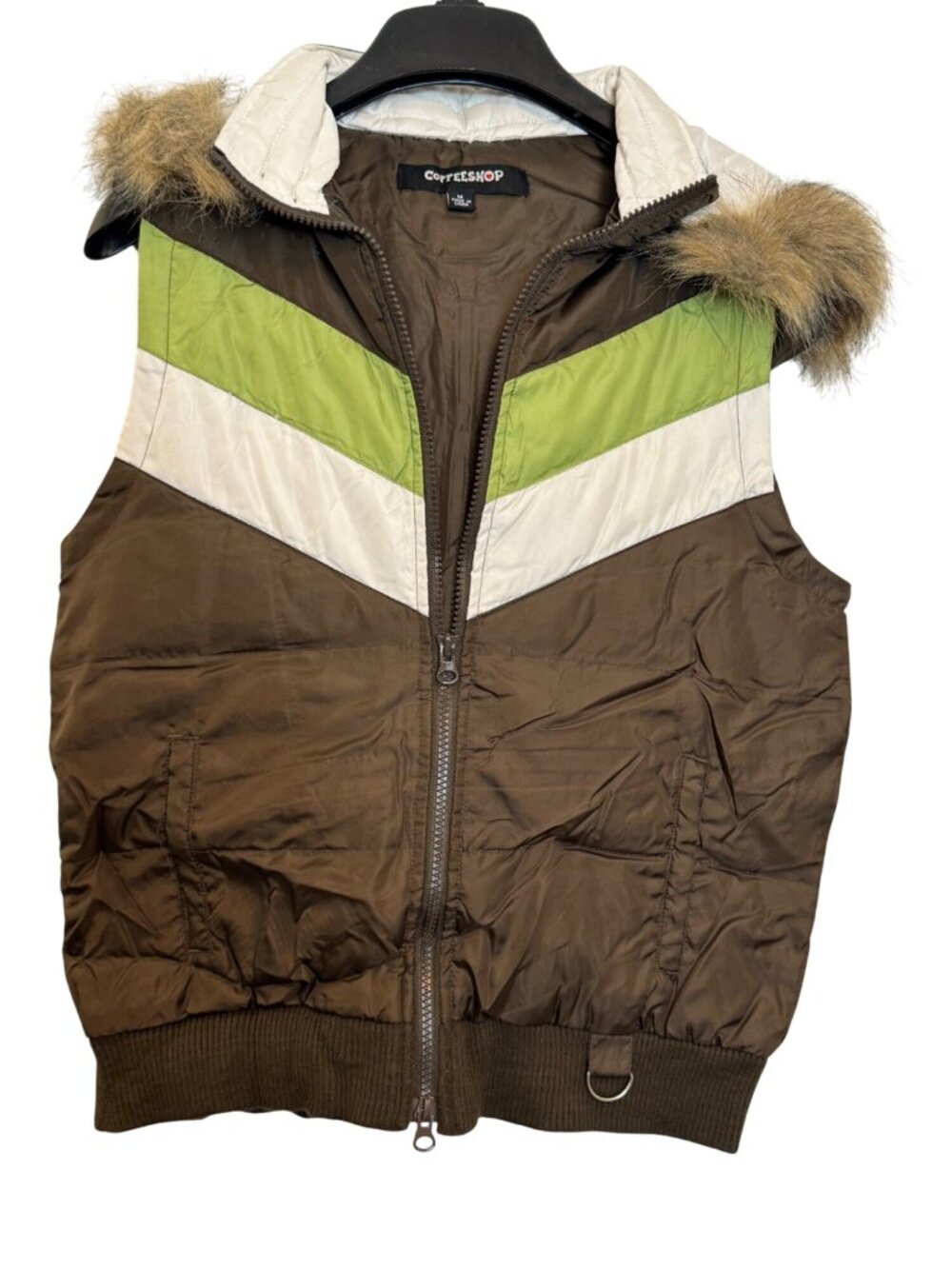 CoffeeShop Womens Brown Puffer Vest With Faux Fur Hood & Chevron Pattern M